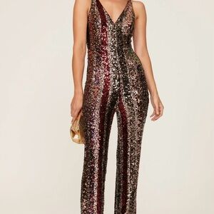Dress the Population Multi-Sequin V-Neck Striped Jumpsuit